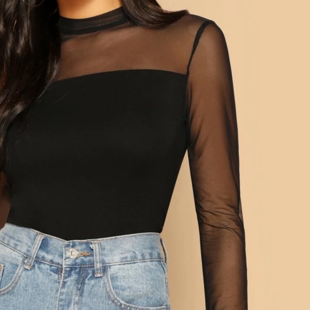 Black Sheer Mesh Long Sleeve- SHEIN Brand